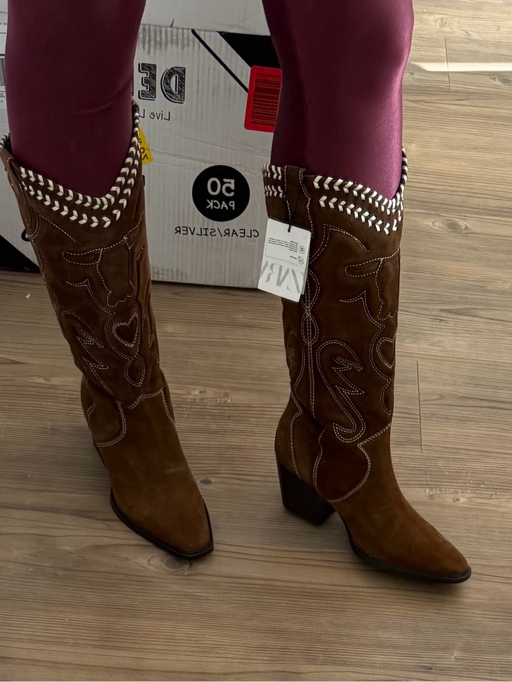 ZARA Brown Suede Western Cowboy Boots with White Whipstitch Trim size 9 - Picture 3 of 4